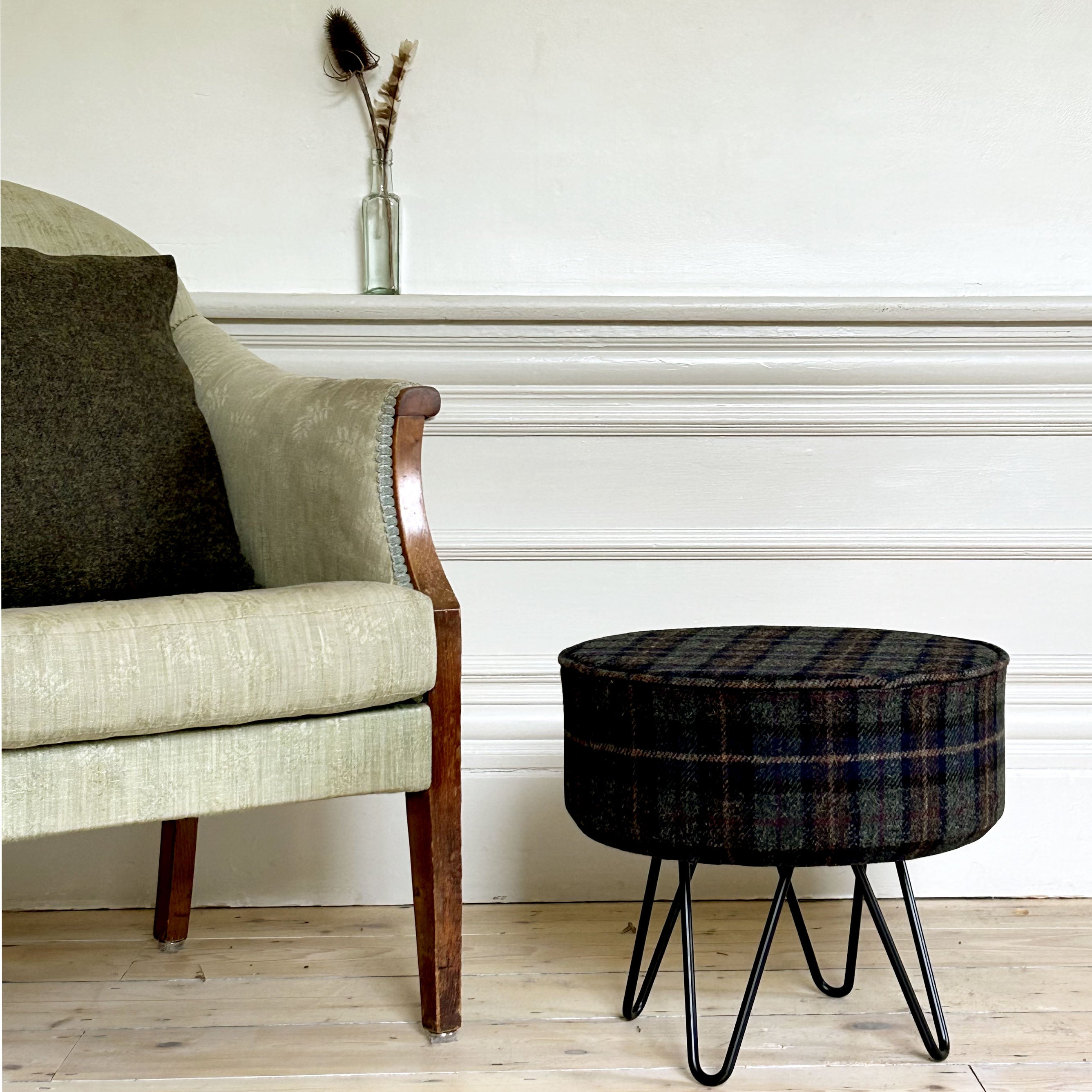 Harris Tweed Heather Glade Tartan Footstool with Steel Hairpin