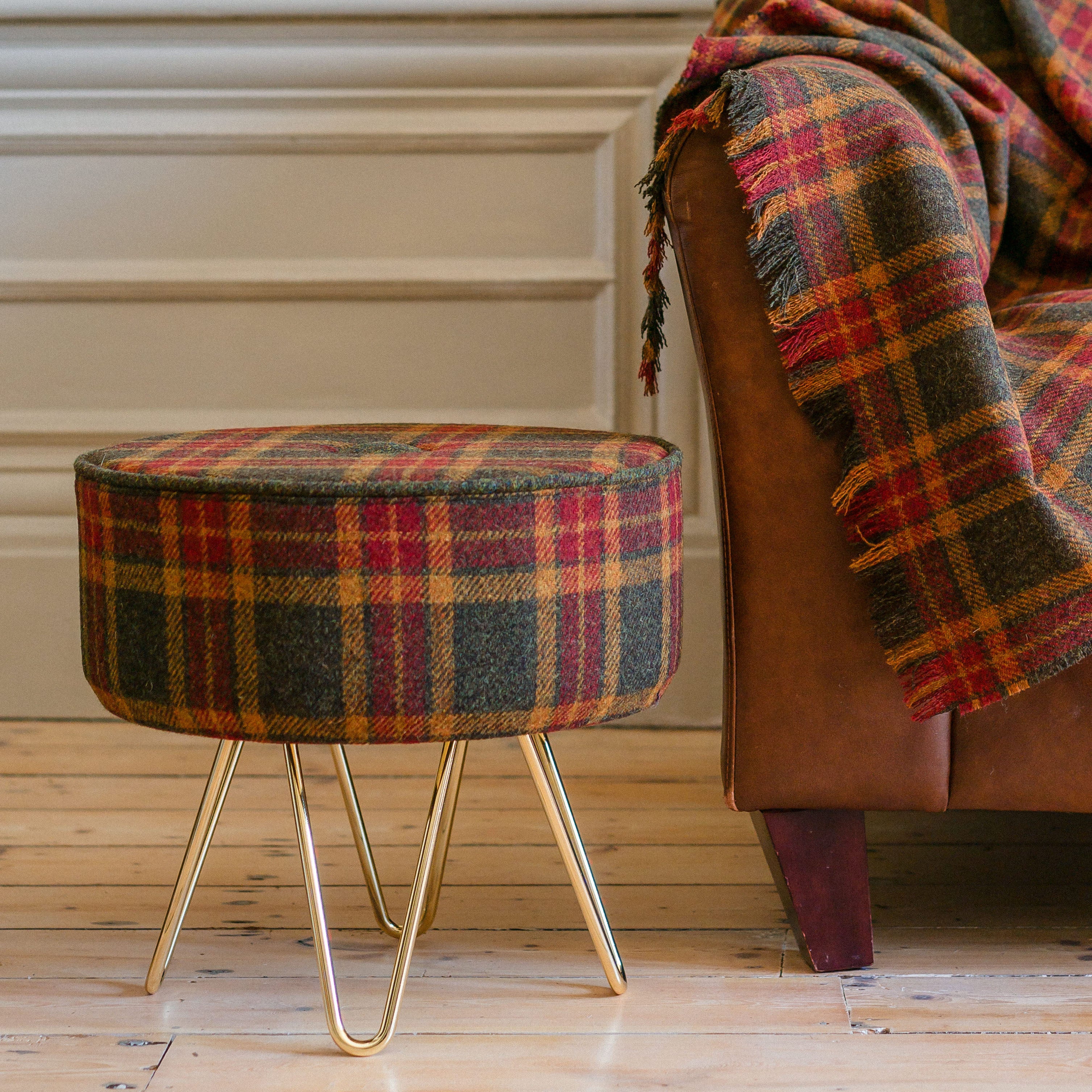 Moss, Gingerbread Wine Tartan Footstool with Button and Steel