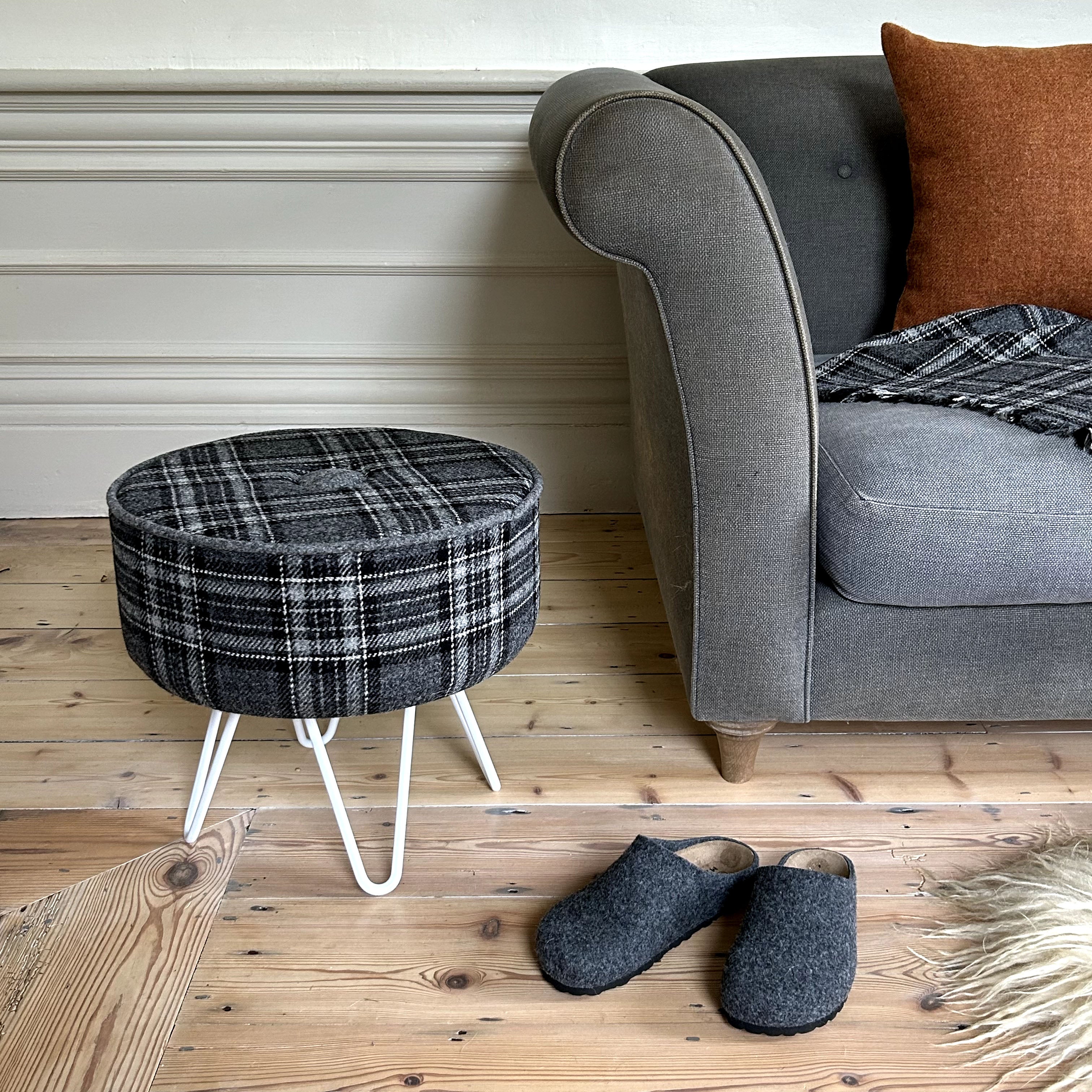 Harris Tweed® Birch Tartan Footstool with Steel Hairpin Legs