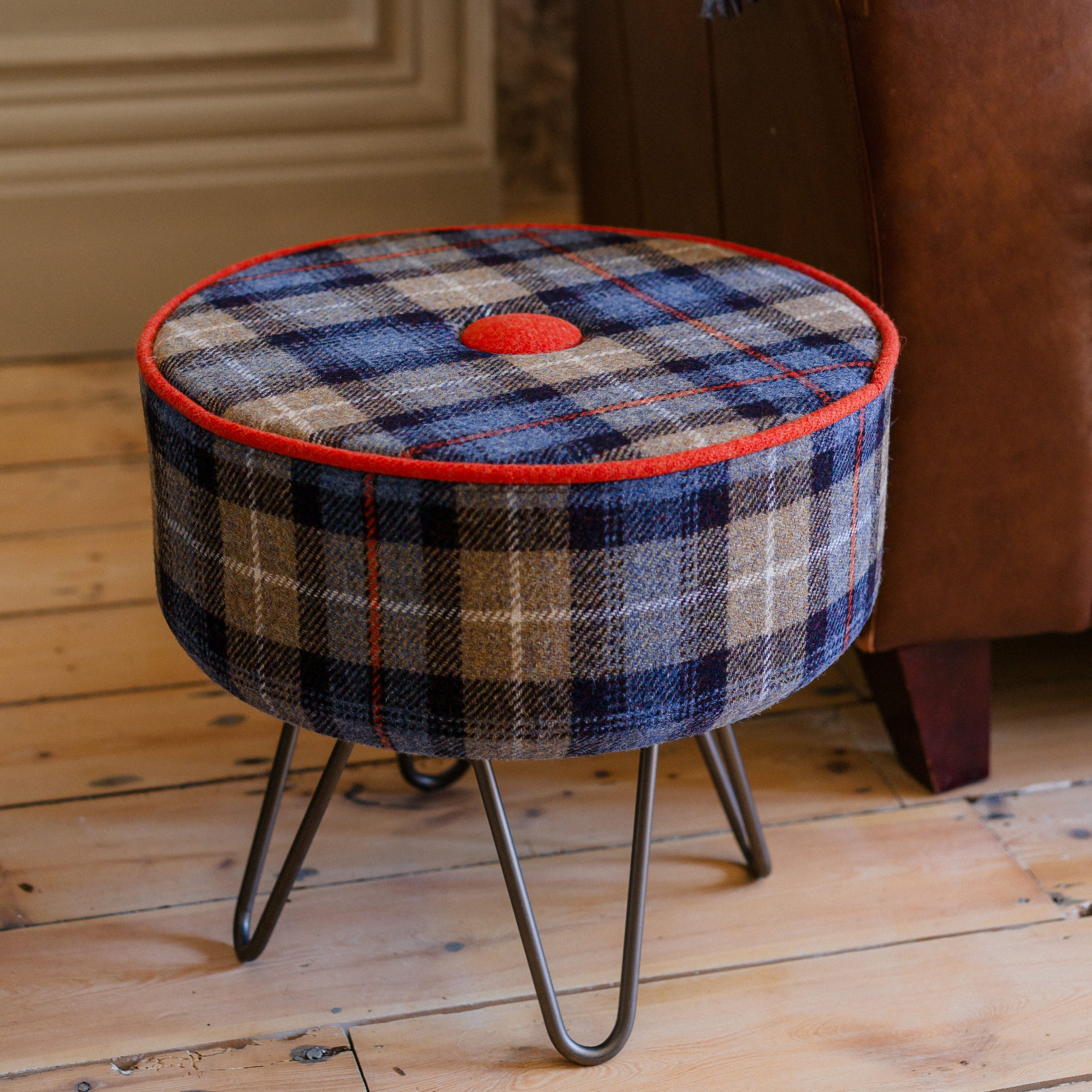 Harris Tweed MacKenzie Tartan Footstool with Button and Steel