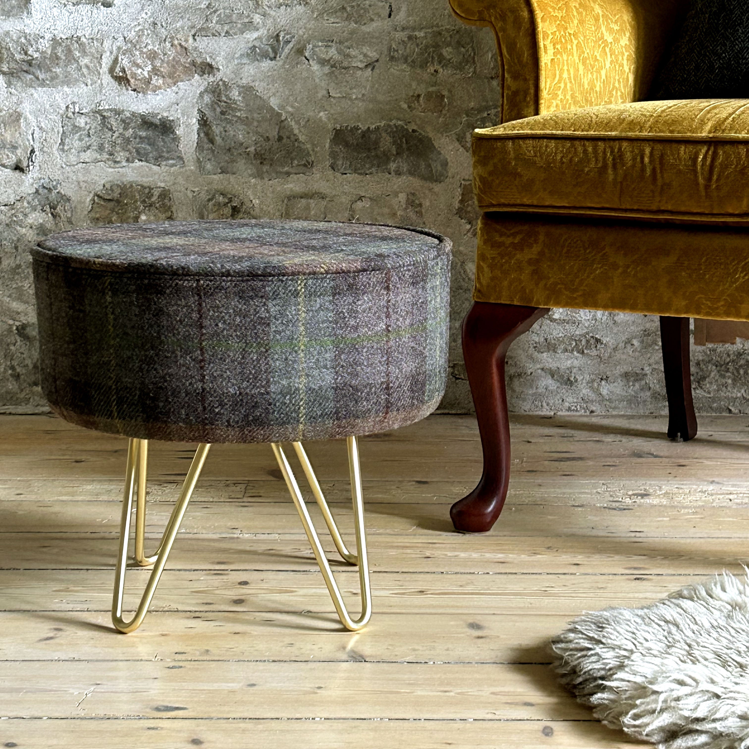 Harris Tweed Oakwoods Tartan Footstool with Steel Hairpin Legs