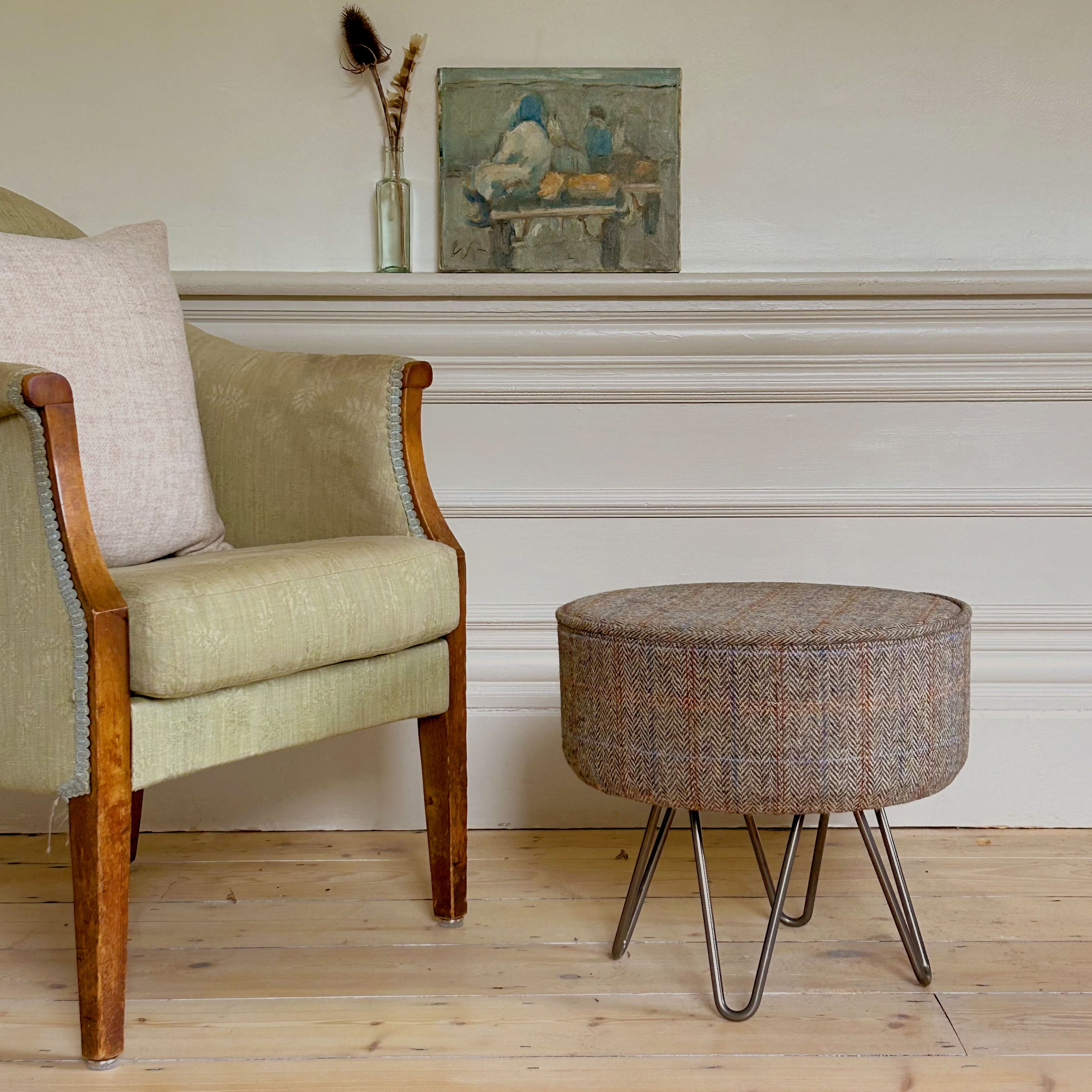 Harris Tweed Eriskay Herringbone Footstool with Button and Steel