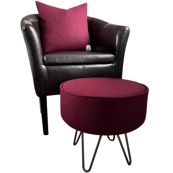 Harris Tweed Claret Red Luxury Footstool with Steel Hairpin Legs