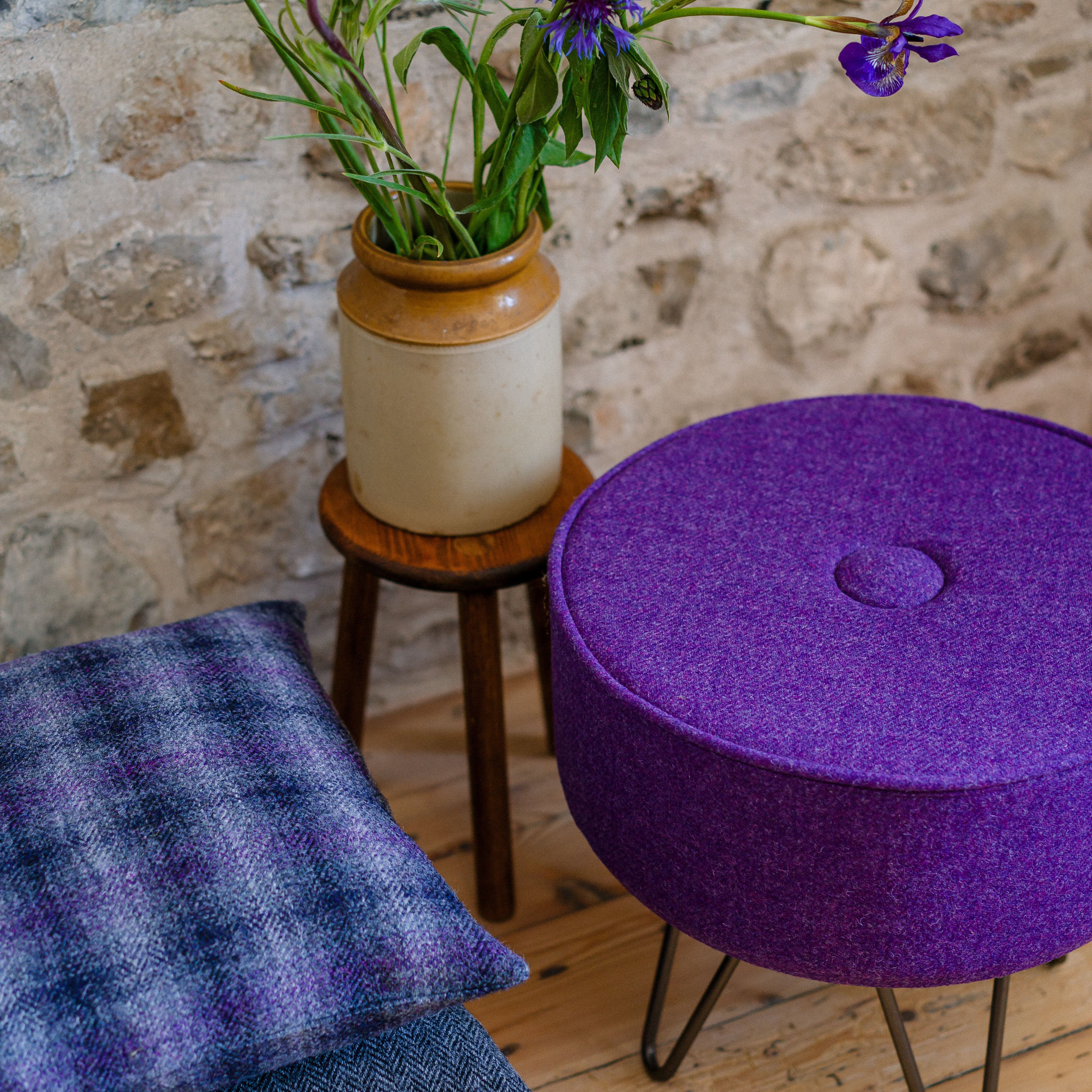 William & Irene Harris Tweed Thistle Footstool with Button and Steel Hairpin Legs