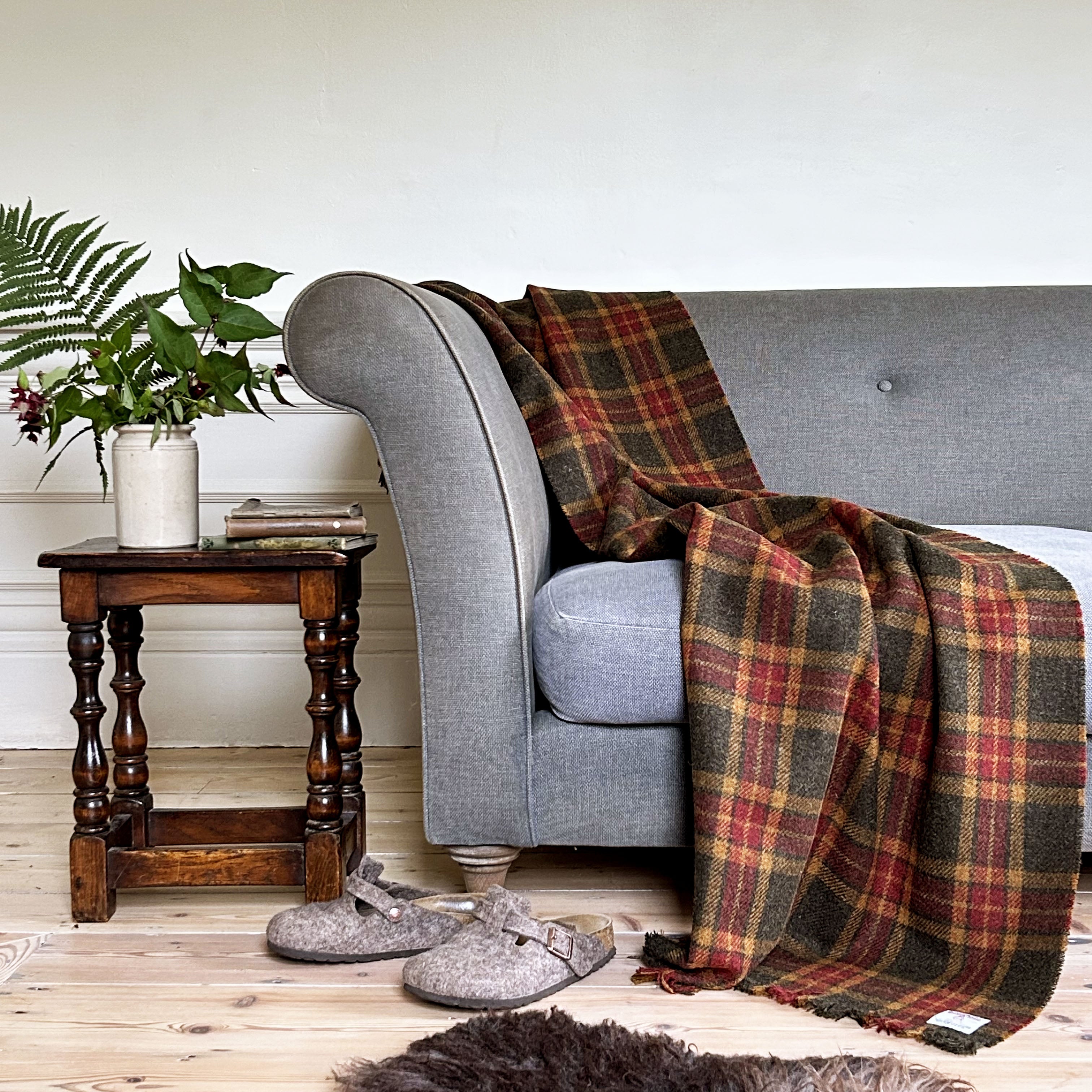 William & Irene Harris Tweed Moss, Gingerbread & Wine Tartan Wrap Blanket