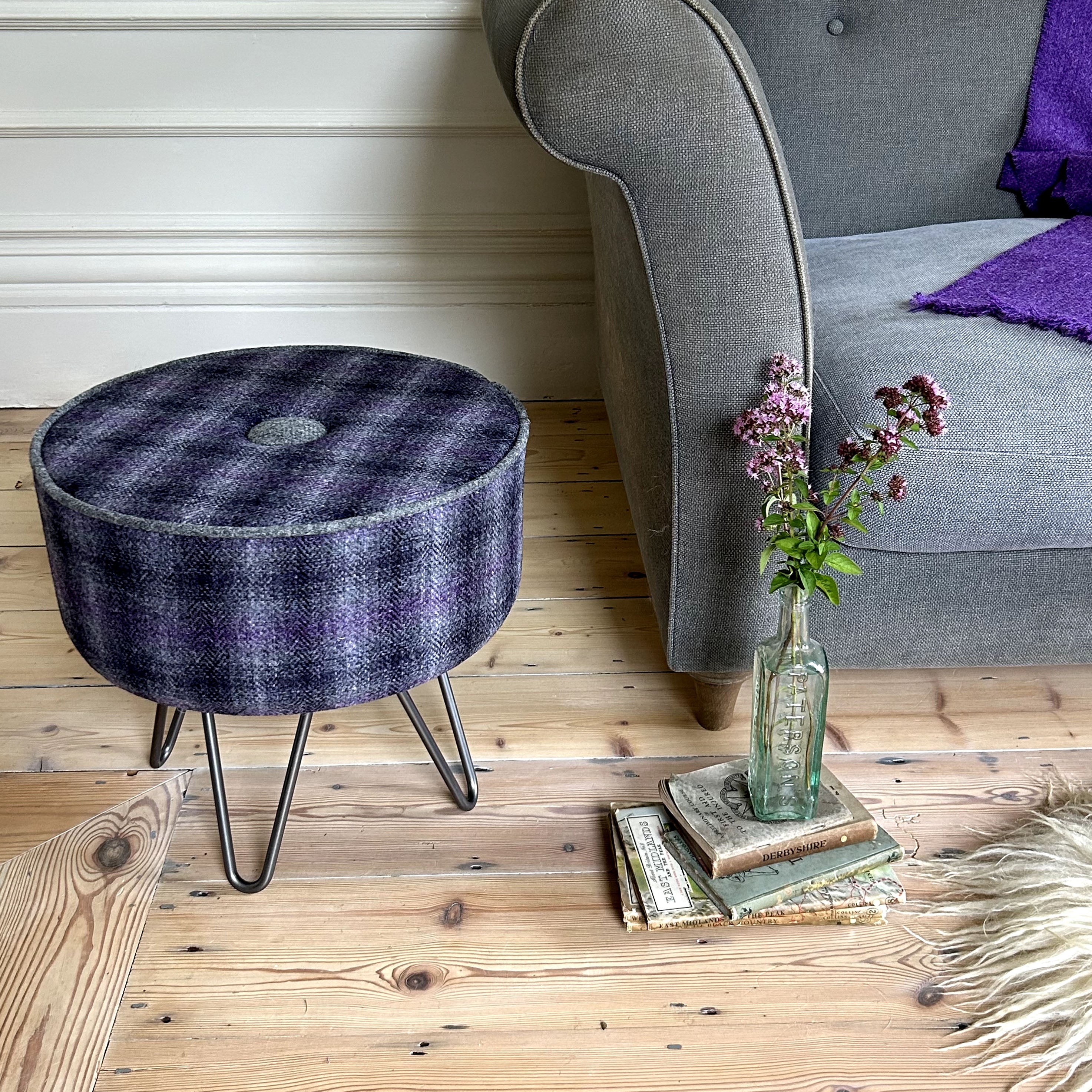 William & Irene Harris Tweed Thistle & Flint Wave Footstool with Button