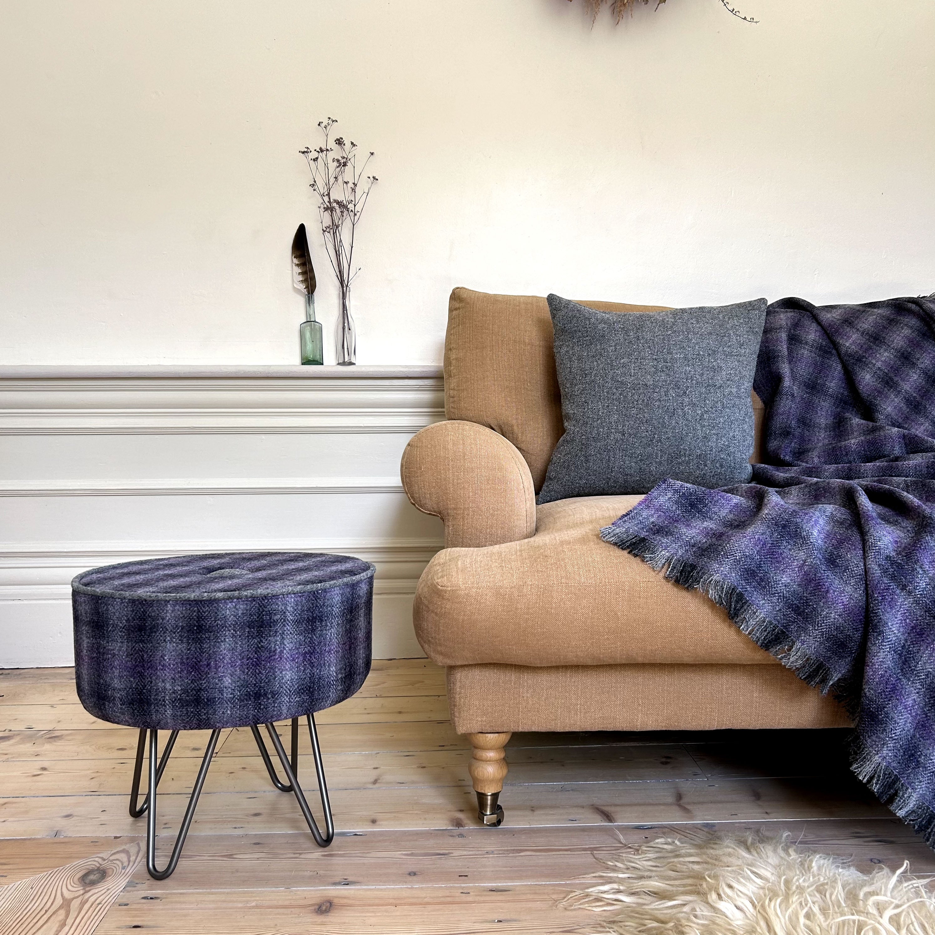 William & Irene Harris Tweed Thistle & Flint Wave Footstool with Button