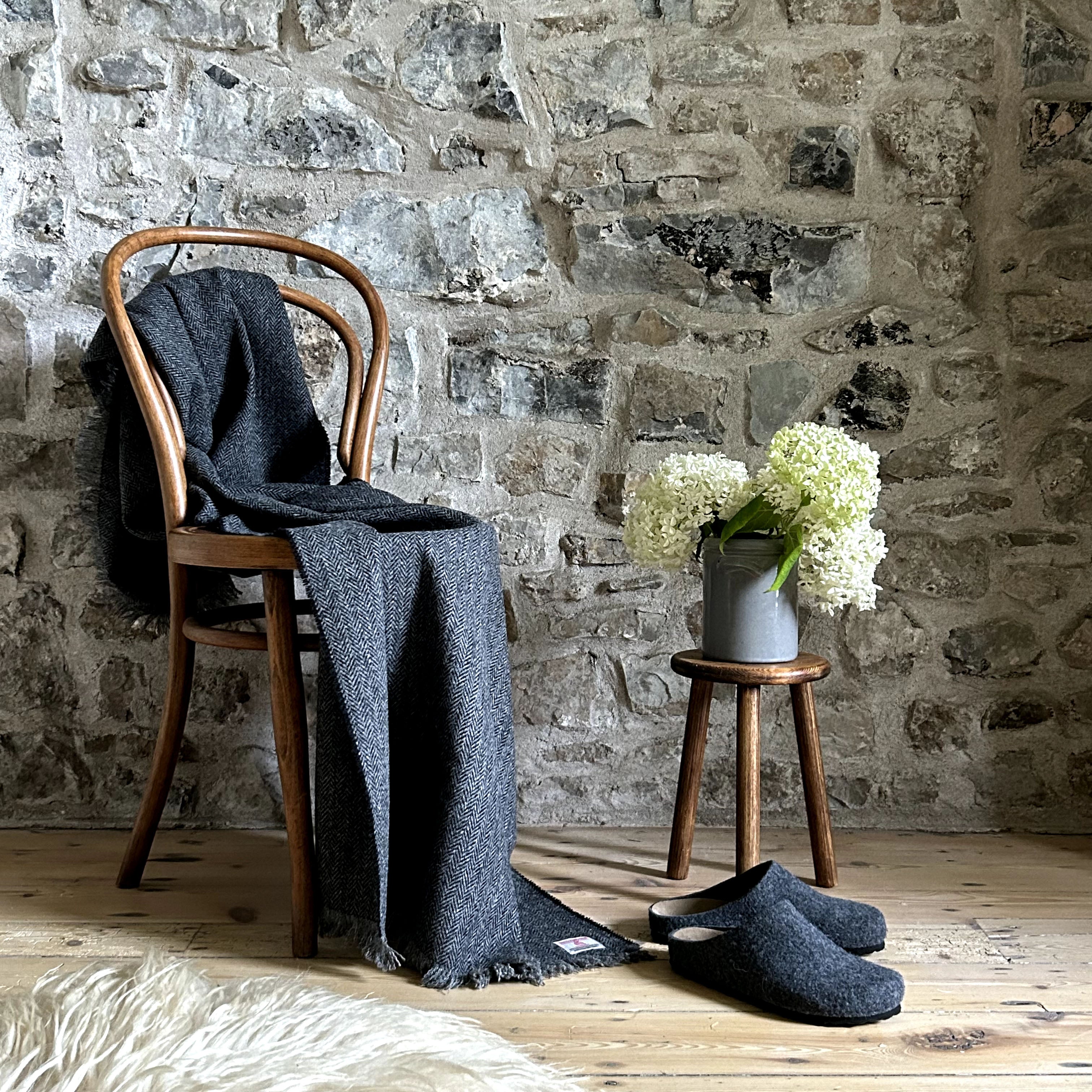 Harris Tweed Charcoal Herringbone Wrap Blanket – William & Irene
