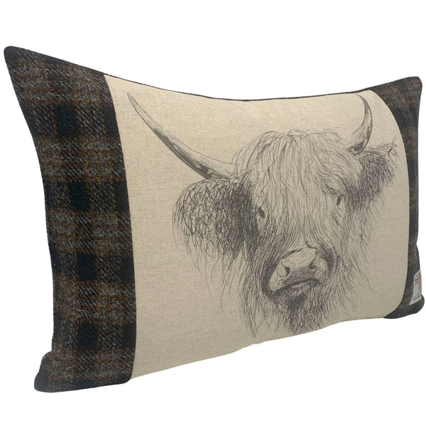 Harris Tweed Black, Grey & Brown Rectangular Cushion with Highland Cow Sketch