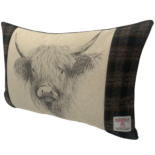 Harris Tweed Black, Grey & Brown Rectangular Cushion with Highland Cow Sketch