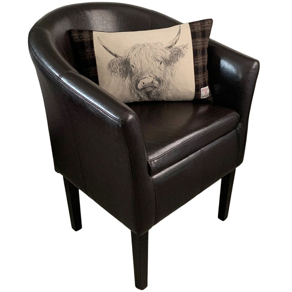 Harris Tweed Black, Grey & Brown Rectangular Cushion with Highland Cow Sketch