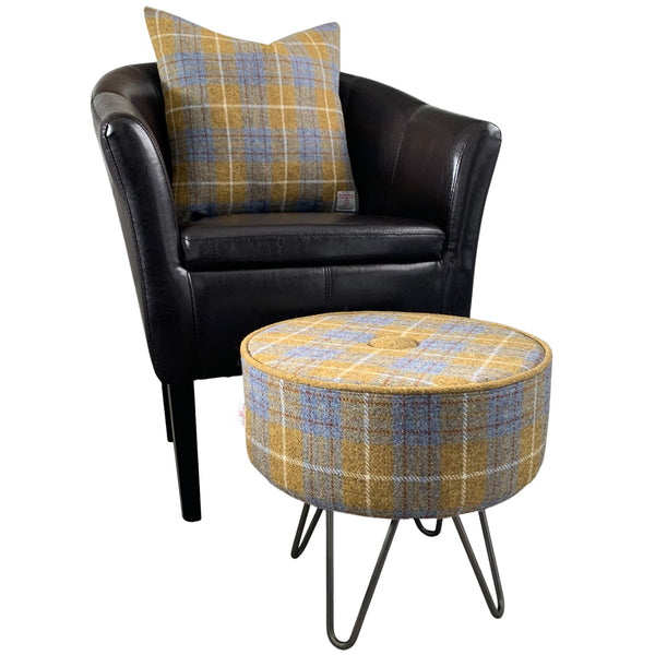 Harris Tweed Blue & Mustard Tartan Luxury Footstool with Steel Hairpin Legs