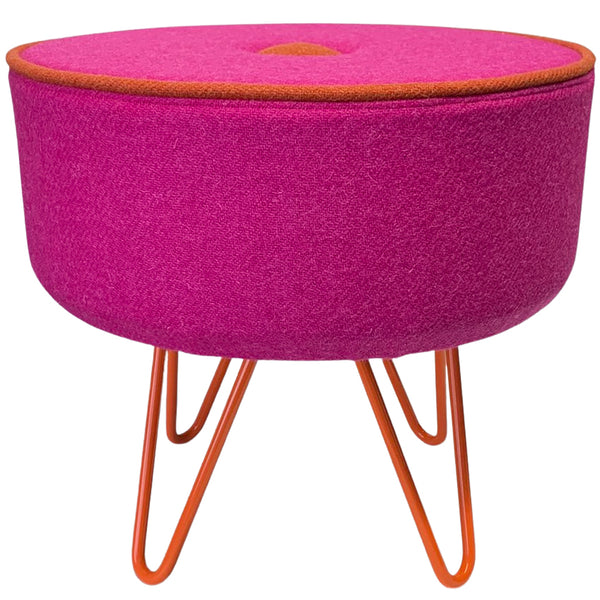 Harris Tweed Bright Pink & Burnt Orange Luxury Footstool with Orange Finish Steel Hairpin Legs