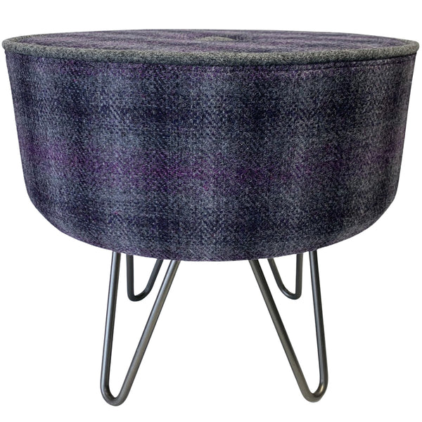 Harris Tweed Grey & Purple Footstool with Steel Hairpin Legs