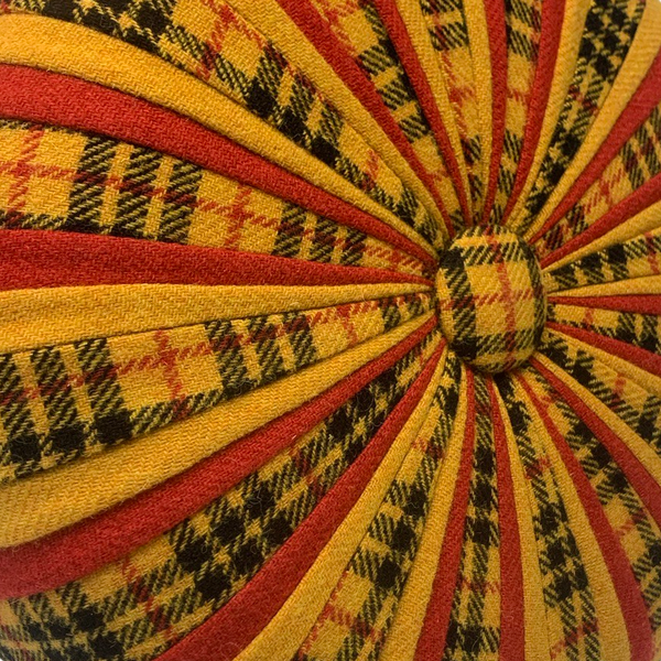 Harris Tweed MacLeod Tartan Pinwheel Footstool with Red Hairpin Legs
