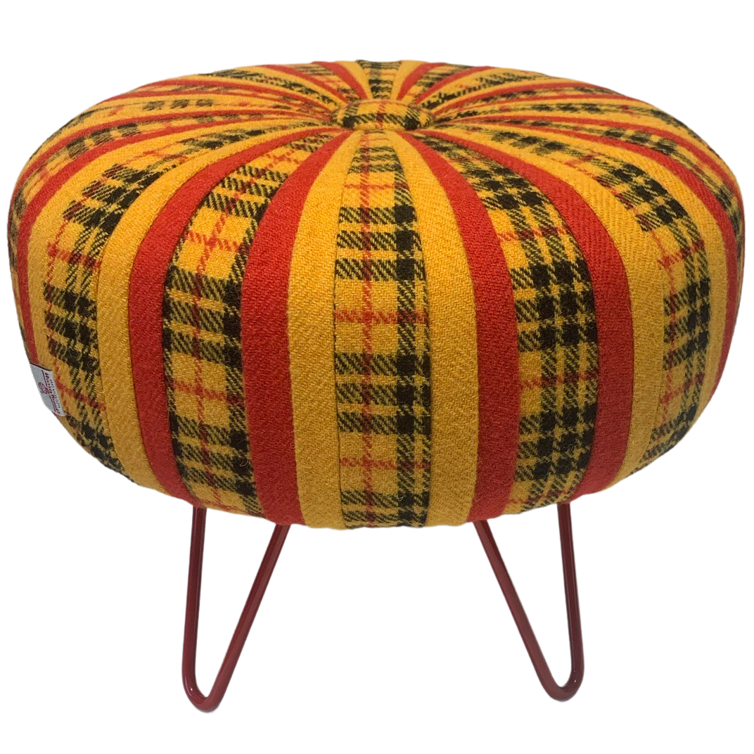 Harris Tweed MacLeod Tartan Pinwheel Footstool with Red Hairpin Legs