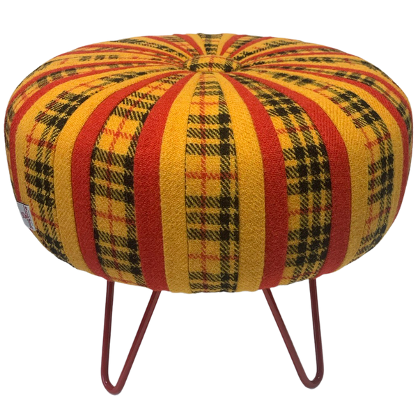Harris Tweed MacLeod Tartan Pinwheel Footstool with Red Hairpin Legs