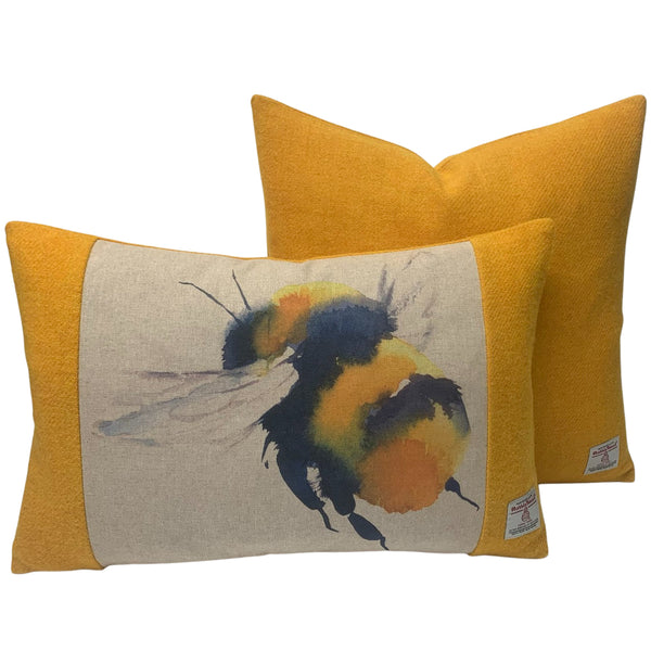 Harris Tweed Mustard Yellow Rectangular Cushion with Queen Bee