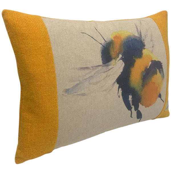 Harris Tweed Mustard Yellow Rectangular Cushion with Queen Bee