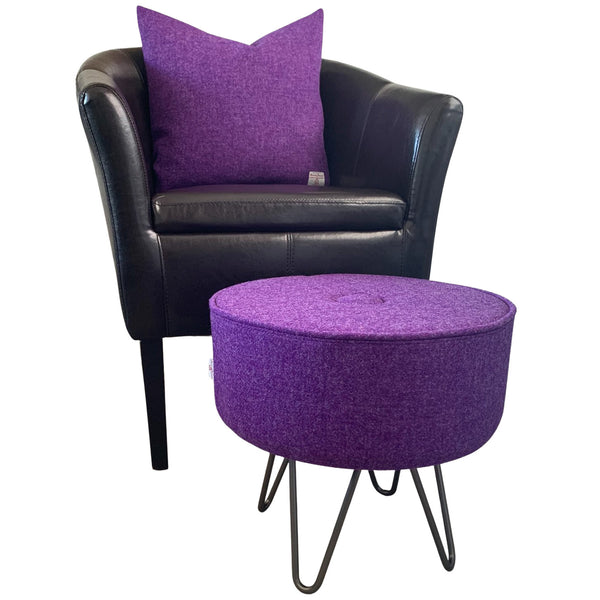 Harris Tweed Purple Luxury Footstool with Steel Hairpin Legs