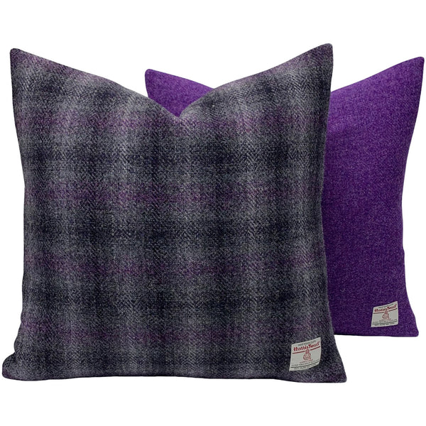 Harris Tweed Grey & Purple Check & Solid Rich Purple Square Cushions with Feather Filled Insert
