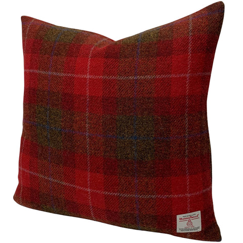 Harris Tweed Red with Brown Tartan Large Cushion with Feather Filled Insert