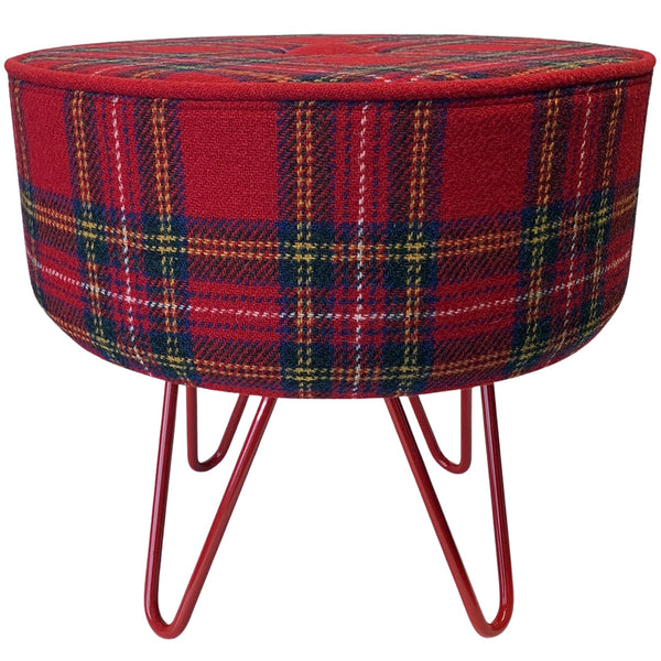 Harris Tweed Royal Stewart Tartan Luxury Footstool with Red Finish Steel Hairpin Legs