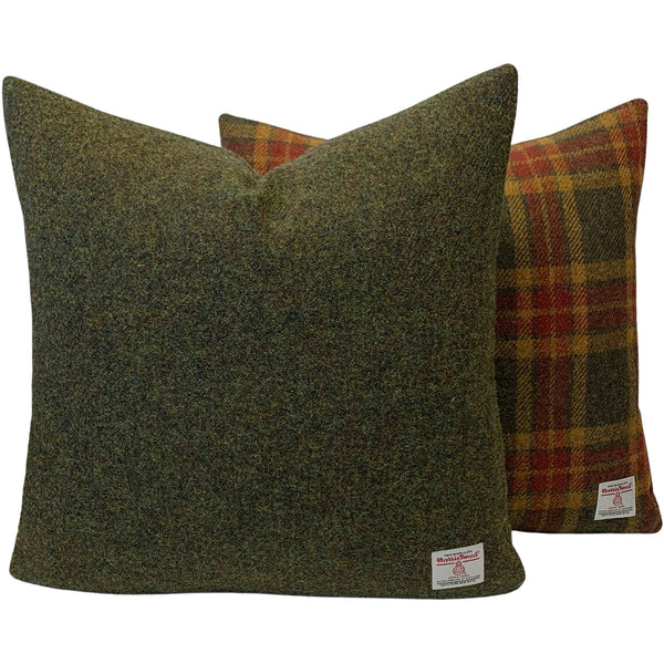 Harris Tweed Moss Green, Gingerbread & Wine Tartan Cushion with Feather Filled Insert