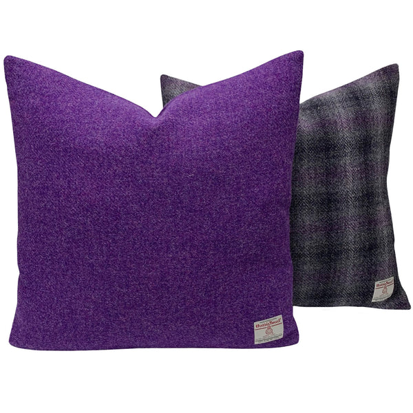 Harris Tweed 45cm/18" Square Cushion in Grey & Purple with Feather Insert